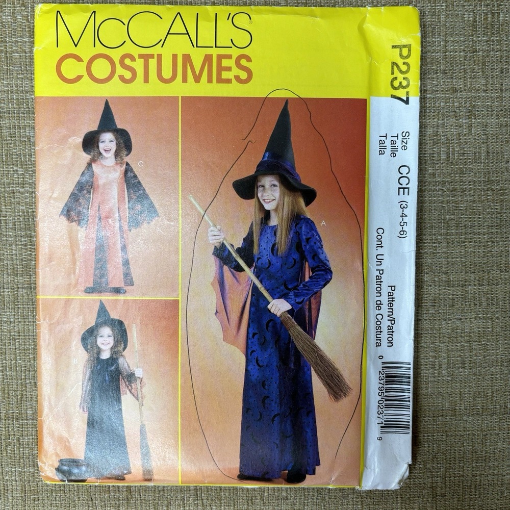 McCalls SEWING PATTERN 237 M4620 Girls WITCH COSTUMES Sizes 3,4,5,6 UNCUT